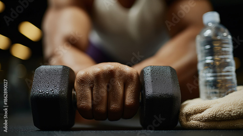 Athlete holds a dumbbell on a bench in a gym a dark contrast shot of strength training.