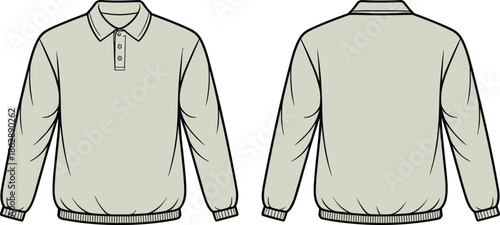 Men long sleeve polo sweatshirt technical flat drawing front and back views casual knit apparel vector illustration