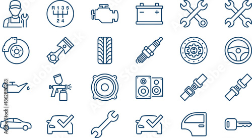 Collection of blue linear icons representing car repair service, auto mechanic tools, vehicle maintenance parts, and garage workshop equipment symbols.