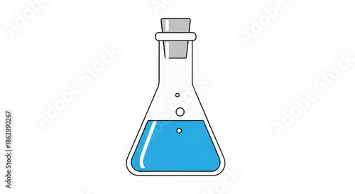 Illustrated laboratory flask with blue liquid on white background for science education and exploration.