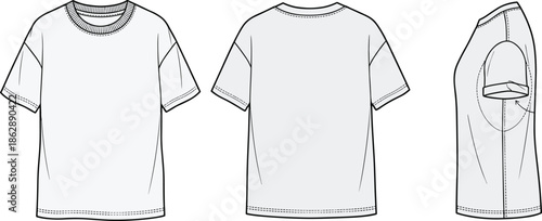 Men oversized t shirt technical flat drawing front back and side views casual apparel vector illustration template