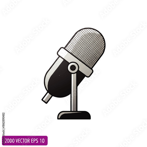 Illustrated microphone on a stand for audio recording, podcasting, and studio use with emphasis on sound capture.