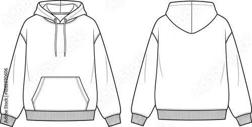 Men pullover hoodie technical flat drawing front and back views casual sweatshirt apparel vector illustration template