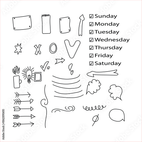 Collection of hand drawn doodle elements including days of the week and various shapes