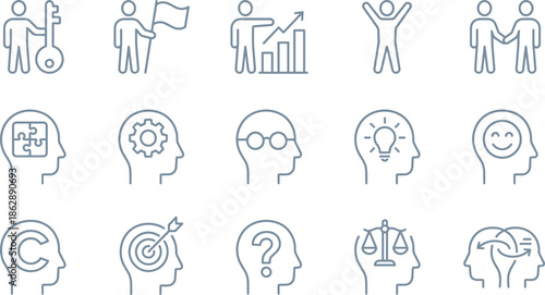 Set of linear vector icons representing business leadership, human psychology, brain functions, mental health, creative thinking, and corporate success strategies.