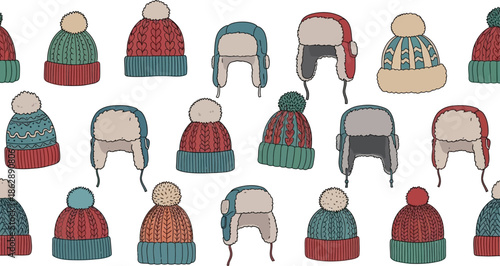Hand-Drawn Pattern of Various Colorful Winter Knit Hats