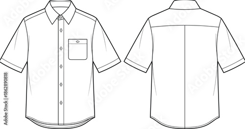 Short sleeve button up shirt technical line drawing with front and back views, mens casual apparel flat sketch vector template