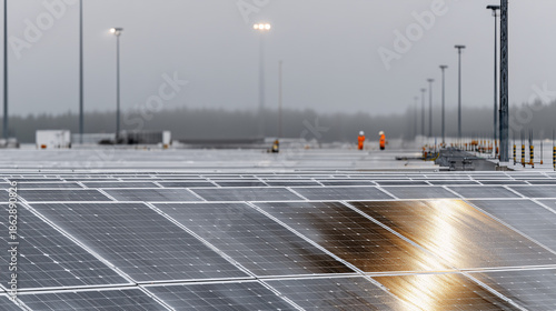 Solar panel array with sunlight reflecting off the modules.