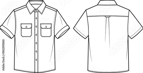 Short sleeve button up shirt technical line drawing with front and back views, mens casual apparel template, fashion flat sketch vector isolated on white
