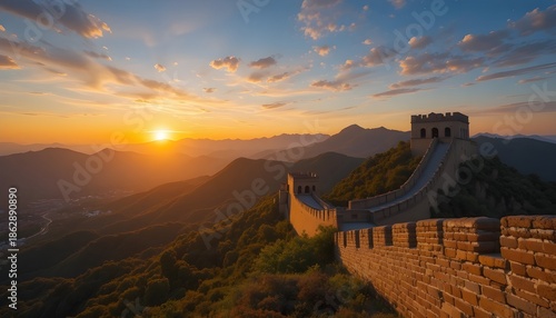 The Great Wall of China at Sunset, Bathed in Warm Golden Light