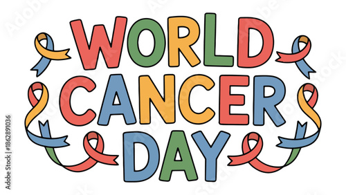 World Cancer Day: A vibrant, colorful illustration marking World Cancer Day, adorned with symbolic ribbons.