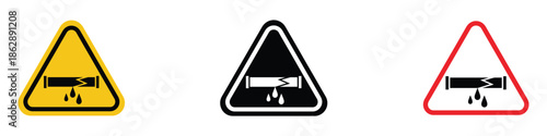 Water, Chemical material leak hazard icon vector. broken pipe with fluid leakage and dripping drops symbol. vector illustration.