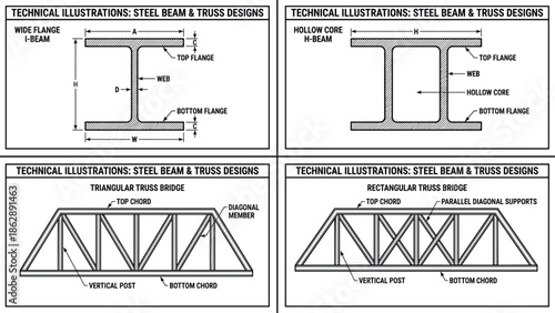 Technical steel beam and truss bridge illustrations with labeled structural components, engineering blueprint diagrams, construction design reference vector set