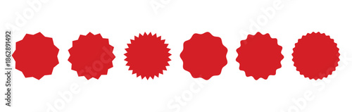 Red starburst badge shapes set. Scalloped and spiky circular label designs for sale promotion stickers. Discount, offer, price, tag and marketing badge elements