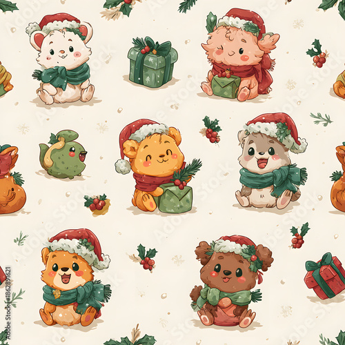Charming Christmas animals in festive Santa hats, surrounded by festive greenery and gifts, seamless pattern perfect for holiday designs
