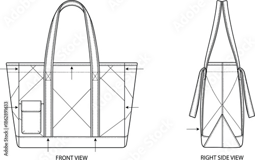 Technical tote bag line drawing with front and side views, detailed handbag construction diagram, fashion accessory flat sketch vector illustration