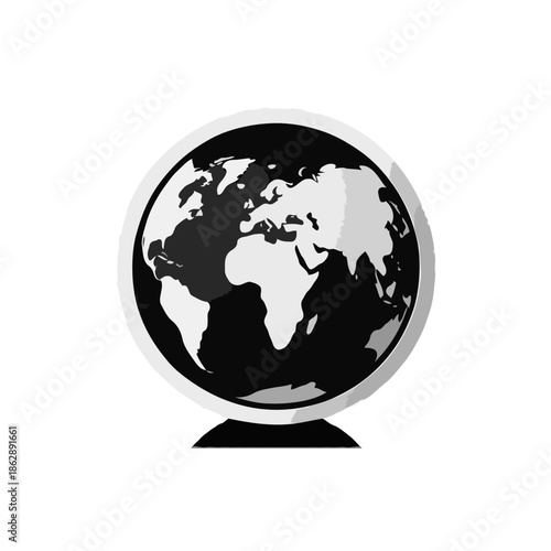 Black and white globe illustration showing world map design  