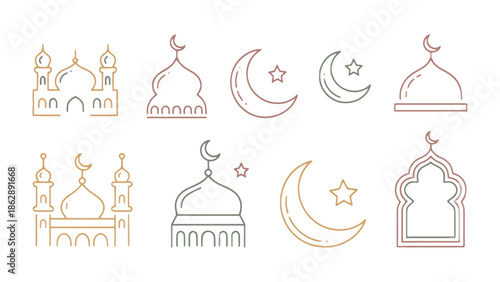 Cultural Icons: Minimalist illustrations capture the essence of Islamic architecture and symbols, featuring mosque domes, crescent moons, and stars in a simple, elegant style. 