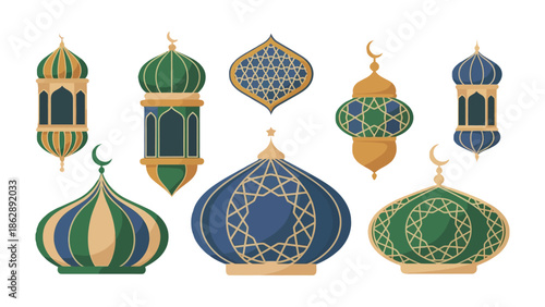 Ornamental Islamic Decorations: A collection of vibrant ornamental decorations, showcasing intricate designs, capturing the essence of cultural heritage and artistic expression.