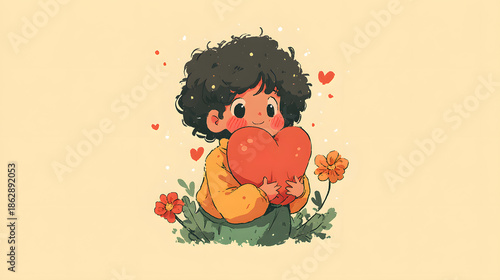 A whimsical illustration of a joyful character holding a large red heart, surrounded by small hearts and flowers