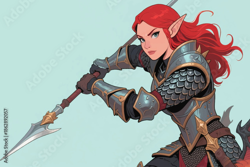 Red haired elf warrior in gold-blue scale armor wielding polearm in light blue fantasy background.