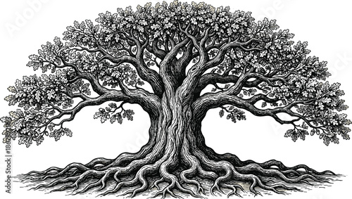 Detailed vintage oak tree illustration with spreading roots and branches hand drawn black and white nature artwork
