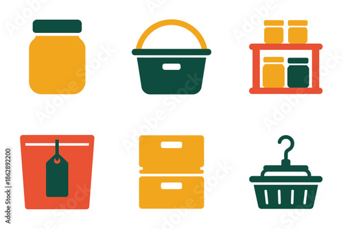 Various retail and storage organization icons suggest efficient home.