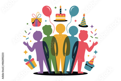 Diverse group of friends celebrates a joyful occasion with cake.