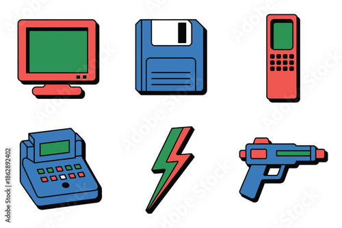 Retro technology icons depict obsolete digital communication and gaming.