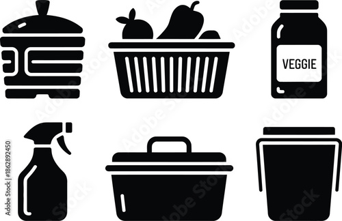 Collection of kitchen storage and cleaning icons symbolizes organization.