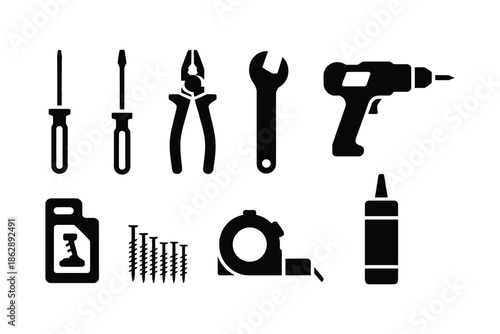 Power drill, pliers, and screwdrivers form a practical collection for.
