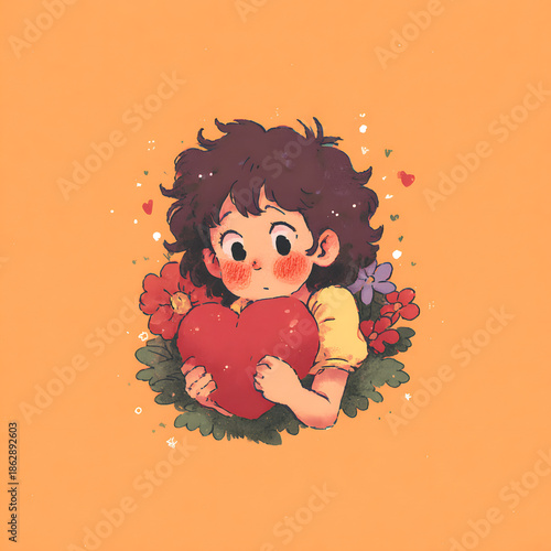 Charming illustration of a young person tenderly holding a vibrant red heart amidst a cheerful floral arrangement, evoking feelings of love and warmth