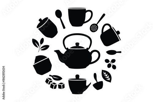 Circular arrangement of black tea-making equipment highlights a central.