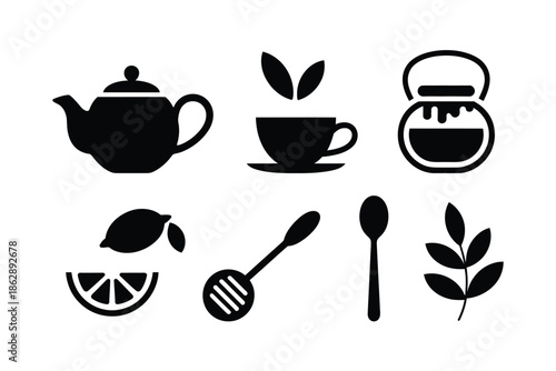 Various black silhouette icons represent tea service and beverage.