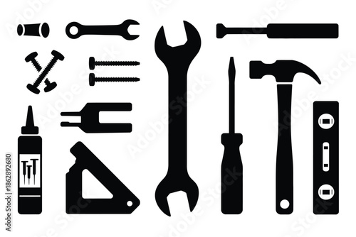 Detailed black silhouette icons depict various heavy-duty mechanical.