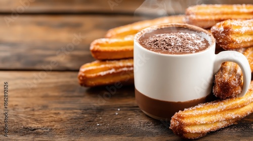 This image showcases mouthwatering churros placed beside a steaming cup of rich hot chocolate, elegantly arranged on a rustic wooden surface, perfect for dessert lovers.