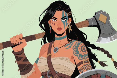 Tribal warrior woman with black hair, double headed axe, tattoos, and blue war paint in green background.