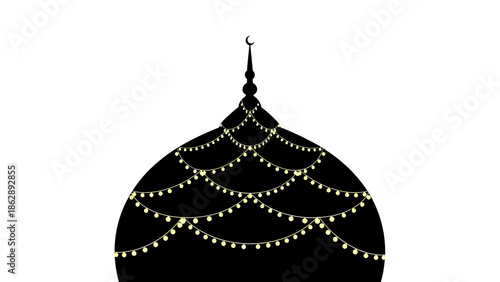 a black mosque dome decorated with yellow string lights and a crescent moon finial on white background