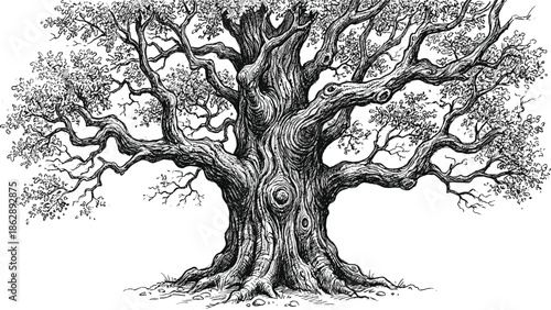 Ancient oak tree engraving illustration with twisted trunk and branches, detailed vintage botanical line art, hand drawn black white vector