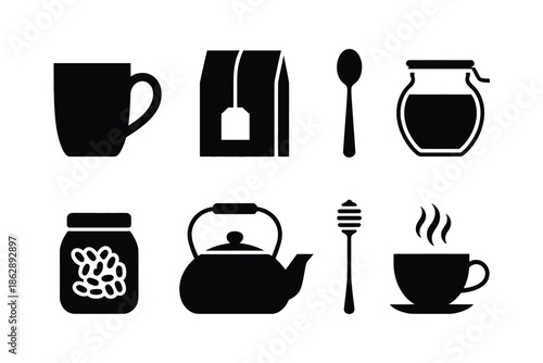 Various black silhouette icons represent essential hot beverage.