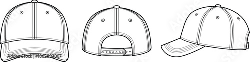 Baseball cap technical line drawing showing front back and side views, adjustable snapback hat apparel template vector illustration fashion design schematic