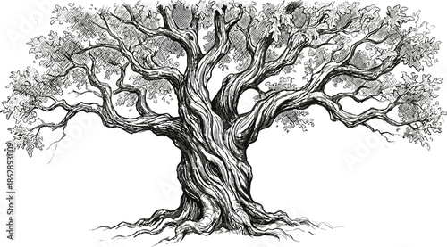 Ancient oak tree illustration with twisted trunk and sprawling branches, detailed vintage engraving style botanical artwork, hand drawn black and white vector