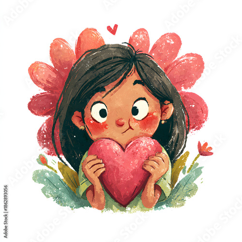A heartwarming illustration of a young girl holding a large, pink heart with a gentle smile, surrounded by vibrant petals and greenery, evoking feelings of love and innocence
