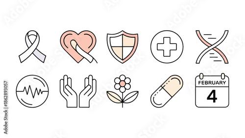 Health Icon Collection: A set of ten thoughtfully designed health icons, each representing a vital aspect of well-being, from awareness ribbons to genetic symbols.
