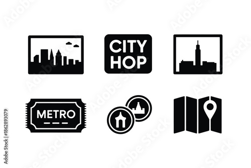 City travel icons show skylines, metro tickets, and navigation map.