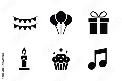 Black icons represent common party elements like balloons, gifts,.