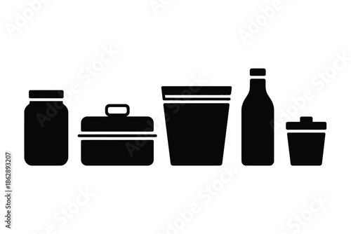A set of various food and beverage containers shows different storage.