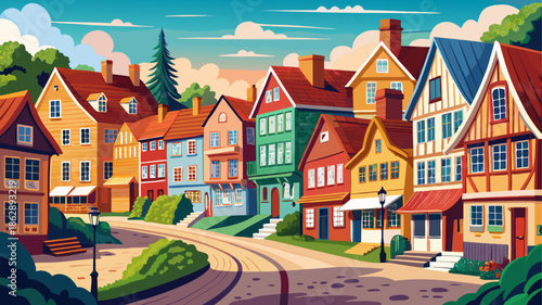 Very beautiful panoramic street view of colorful traditional houses in Haderslev, Denmark, creating a charming Scandinavian town atmosphere with cozy architecture and peaceful everyday life.