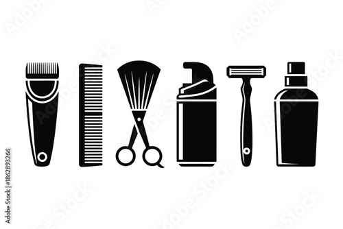 Grooming tools for barbershop services include a razor and professional.