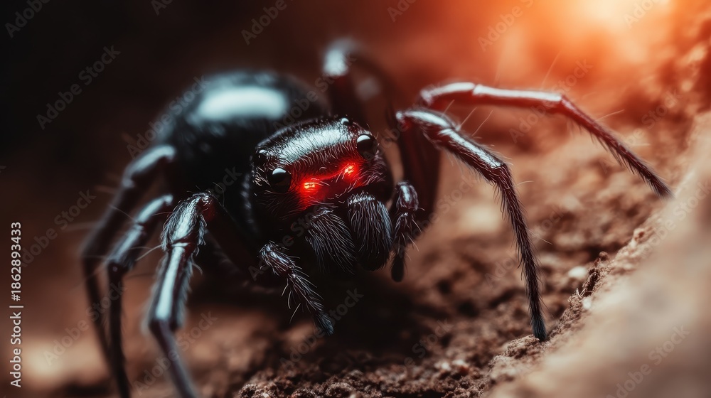 Fototapeta premium A close-up of a black spider with striking red eyes, showcasing its intricate details against a natural earthy background that evokes a sense of intrigue and fear.